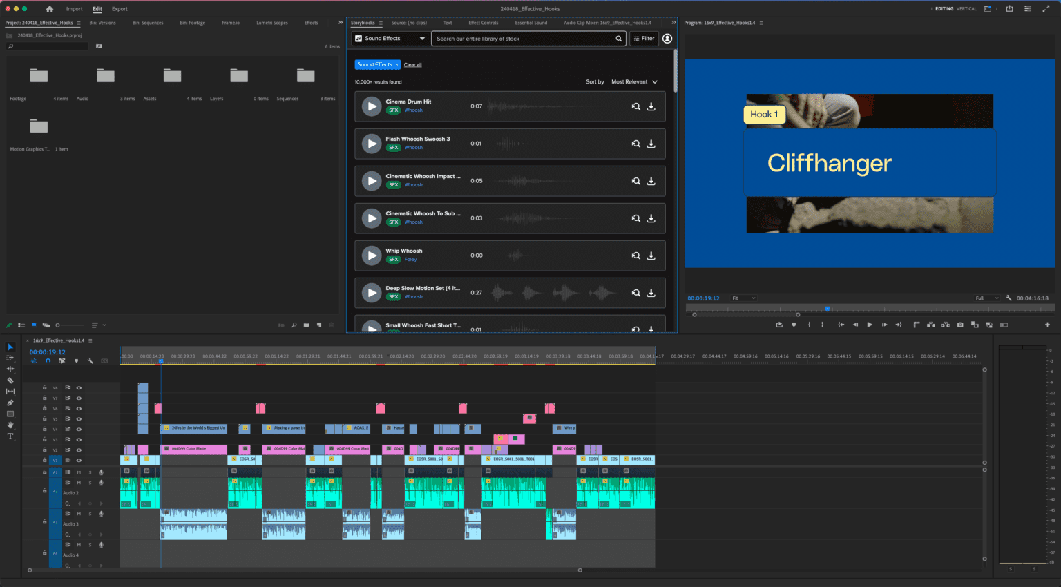Screenshot of how to add sound effects in Premiere Pro showing the editing interface with the Storyblocks plugin and timeline.